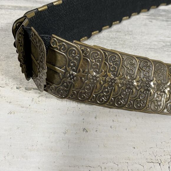 Vintage Gold Bronze Tone Metal Scalloped Fish Scale Stretch Belt Boho Festival - Picture 2 of 8